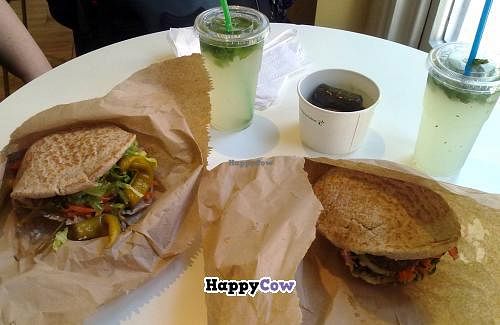 Moorish - Falafel In Pittas (left hand one Mexican & the other I forget), Dolma & home-made lemonade  at Moorish Falafel Bar in Norwich