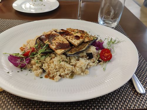 Tofu with eggplant on Bulgur at KÜVÉ Bisztró és Borbár in Eger