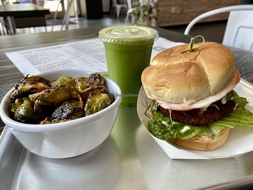 Tikka burger, junior juice, Brussels sprouts   at Pure Vegan Cafe in Durham
