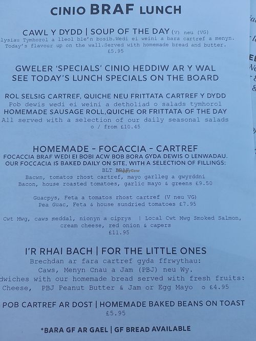 Lunch menue at BRAF in Caernarfon