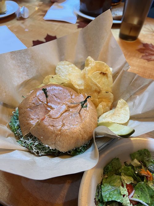 Veggie Burger with a side of chips  at The Yellow Deli in Kingston
