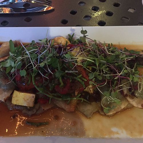 dumplings with hearts of palm on a bed of puréed eggplant at Roy's in Honolulu