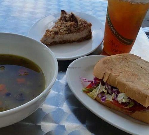 Iced Masala chai, dutch apple vegan cheesecake!!! VLT w/avocado and soup of the day. at Cafe Hey in Tampa