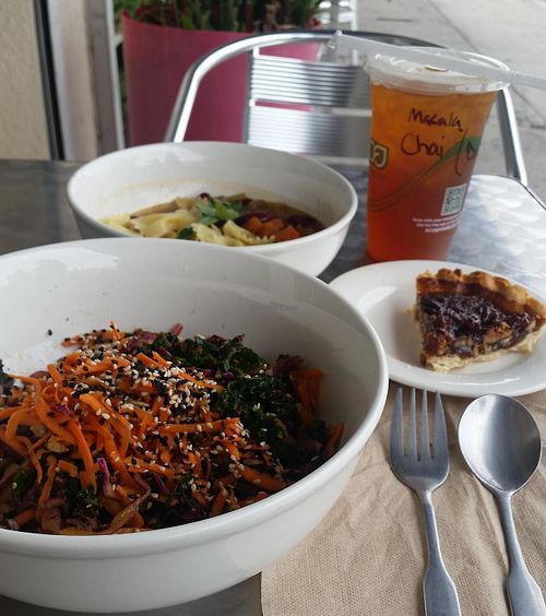 Kale Yeah salad, soup of the day, and carmel pecan pie. All vegan! Also, an iced Masada Chai tea, which is really good w/o cream and sourced from Kaleisia another vegan-friendly place.  at Cafe Hey in Tampa