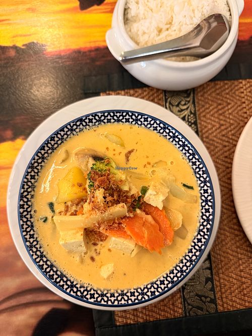 Vegan yellow curry with vegetables and tofu.  at Ban Thai in Denia