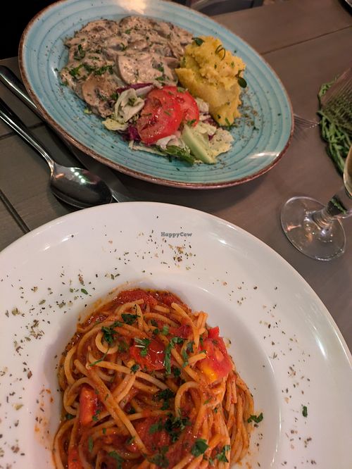 Pasta with garlic, oil, chilli and tomatoes (yum!) and mushroom stroganoff with polenta (also pretty good) at Mimoza Wine & Dine in Sighisoara