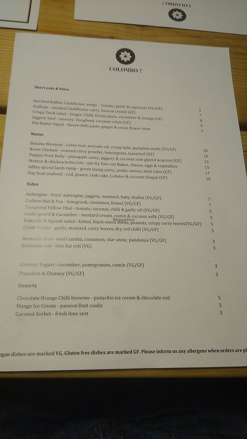 Menu at Colombo 7 in Amersham
