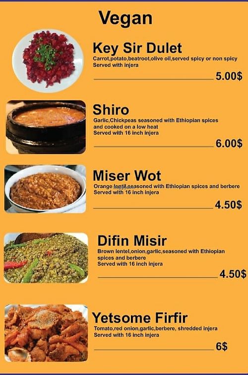 Vegan menu   at Addis Ethiopian Restaurant in Phnom Penh