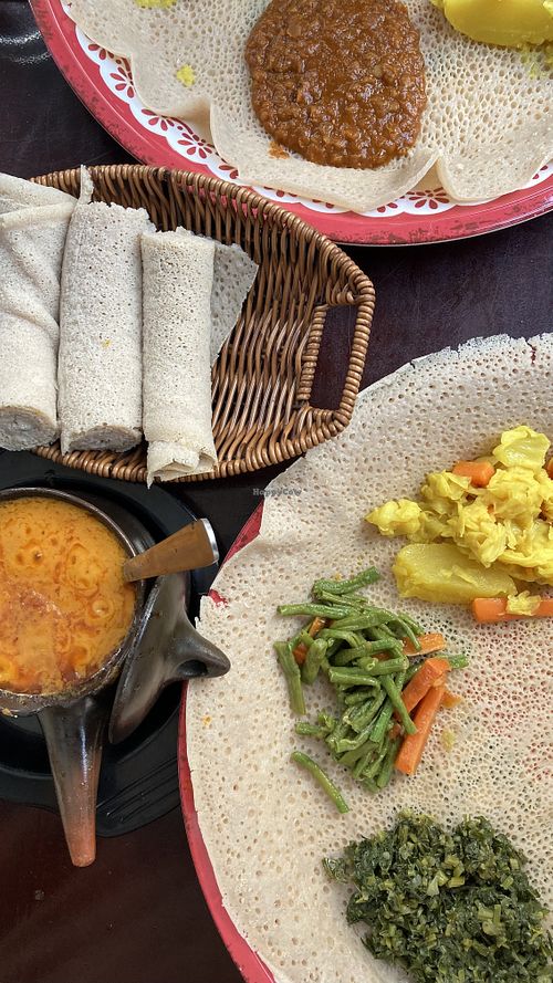 Vegan combo injera and shiro  at Addis Ethiopian Restaurant in Phnom Penh