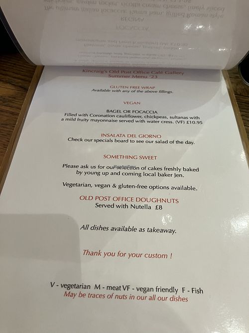 Menu  at Old Post Office Cafe Gallery in Kingussie