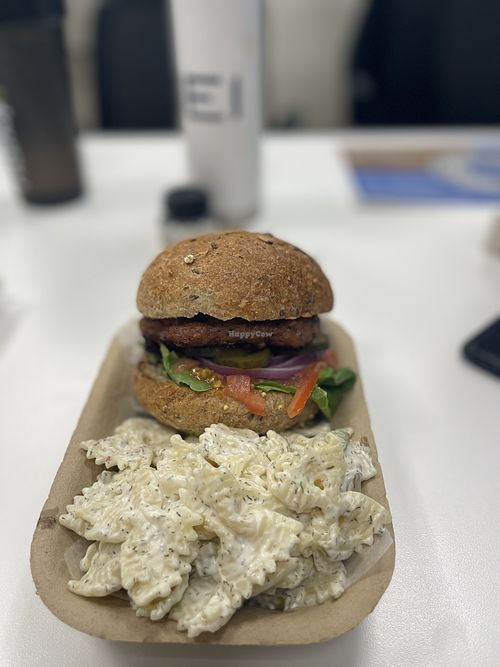 House made marinated beyond burger with local greens   at Queen City Eats in Penticton