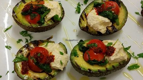 Chargrilled Avocado with humous at The Greenhouse Cafe in Altrincham