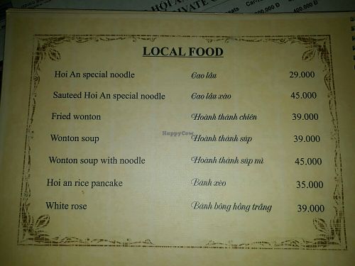 Local Food Menu at Minh Hien in Hoi An