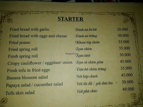 Starters Menu at Minh Hien in Hoi An