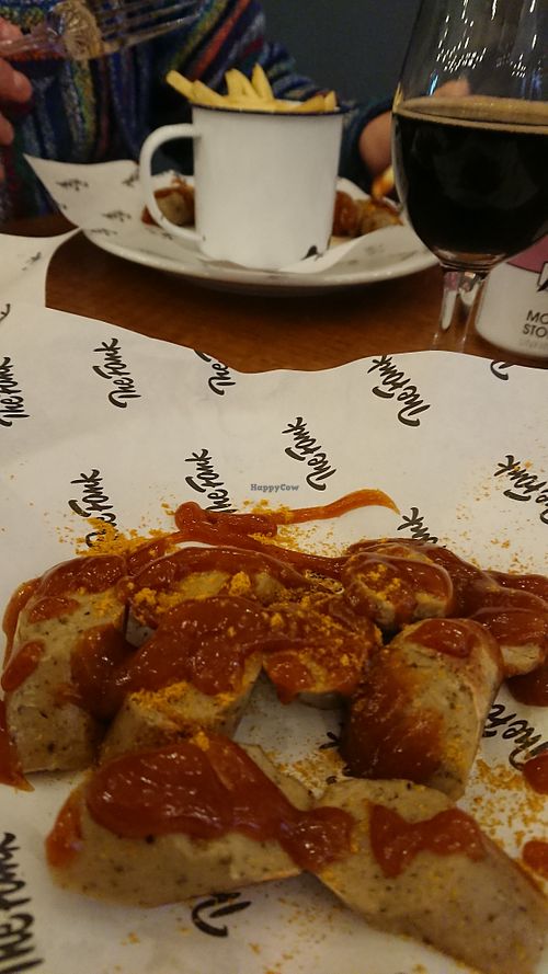 Currywurst with fries and Pilot Mochaccino Stout. at The Fank in Isle Of Lewis