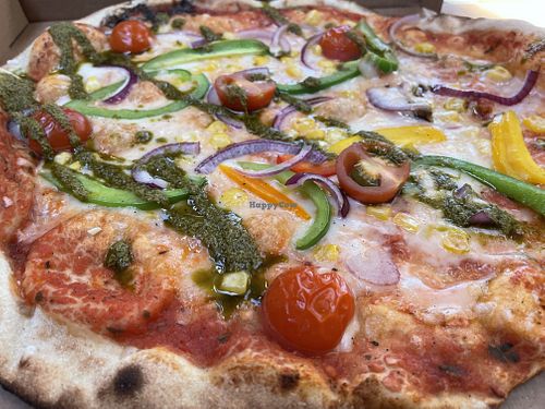 Pizza with vegan cheese, pesto and mixed vegetables    at Watch House Cafe in Bridport