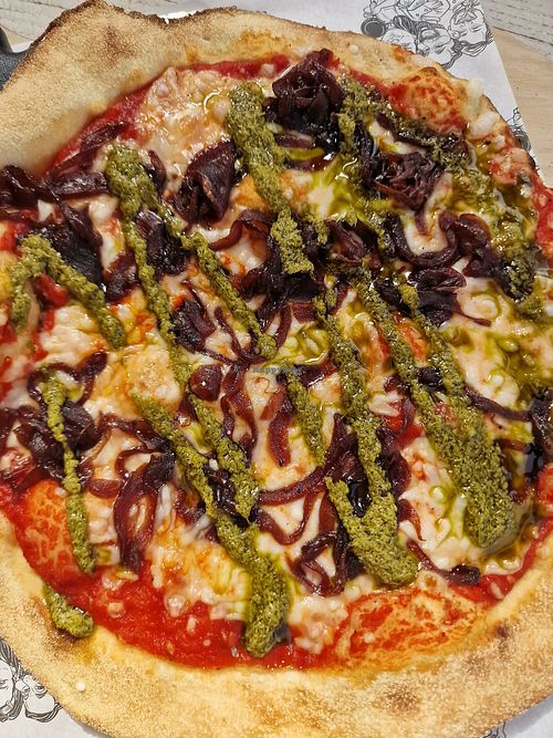 Pesto pizza at Watch House Cafe in Bridport