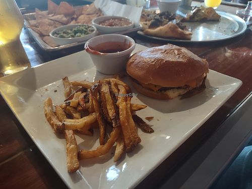 Impossible burger and fries at Off The Rails Brewing in Pocatello