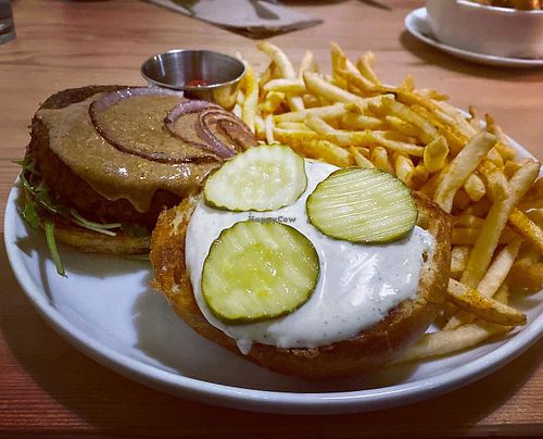 Beet burger and fries   at Seabirds Kitchen in Los Angeles