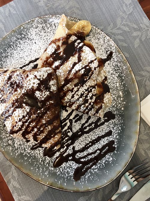 Dutch banana, peanut butter and chocolate pancakes  at The Happy Cat - Veggie Cafe-Restaurant in Luang Prabang