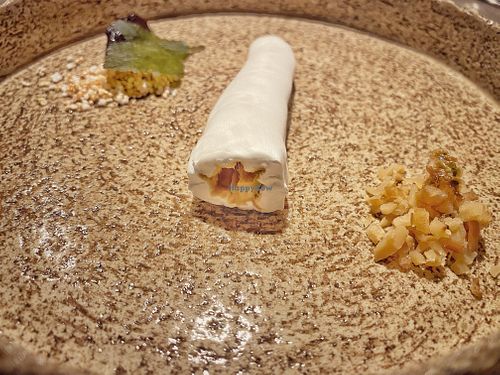 This was crazy. Root vegetable (parsnip I think) injected with Camembert culture   at TIAN Restaurant in Vienna