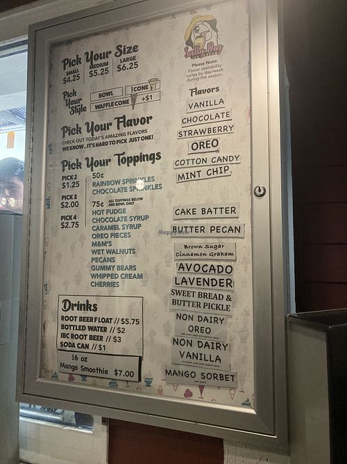 Menu with the mango sorbet, Oreo, and vanilla being non-dairy and clearly marked!   at The Salty Dog in Hilton Head Island