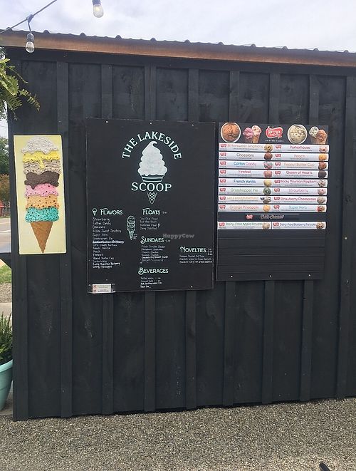 The two vegan options were listed at the bottom of the menu. Blueberry & apple. Considering this is an extremely small town I was pleasantly surprised they had any vegan options!   at The Lakeside Scoop in Celoron