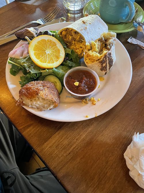 Breakfast burrito- with vegan sausage and hash brown on the side with tofu scramble Ranchero  at Pearl Moon in Woodstock