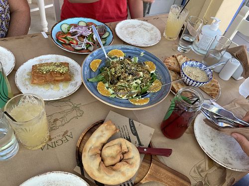 Salads, onion pie, hummus and falafel   at Thymari Restaurant in Aegina