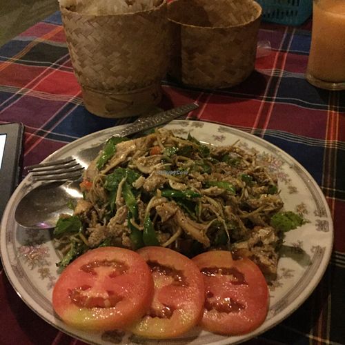 yummy dish (forgot the name but I asked the waiter for a engine Laotian dish and this is what he recommended) and it included a huge portion of sticky rice. I eat a lot normally and was really a stuffed after this.  at Veggie Tables in Vang Vieng