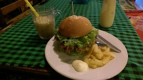 mushroomburger with french fries and vegan mayonaise  at Veggie Tables in Vang Vieng