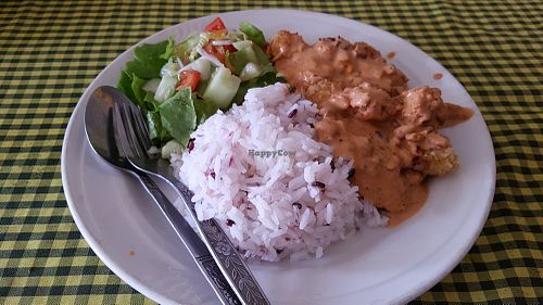 Tofu sate with rice and vegetables at Veggie Tables in Vang Vieng