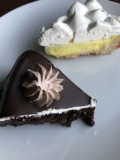 lemon meringue pie and choc cake at Tres Semillas in Alicante