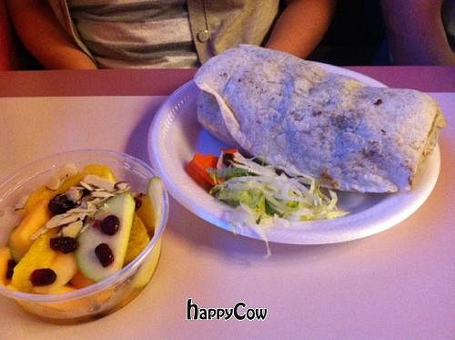 Burrito with fruit salad at El Azteca Mexican Taco Shop in Provo