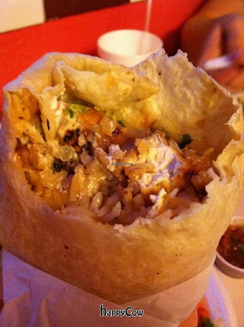 Burrito with sweet tofu filling, vegan sour cream, and vegan cheese at El Azteca Mexican Taco Shop in Provo