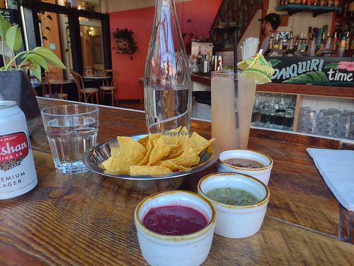 Chips and three kinds of salsa! Rotating flavor was blueberry 🫐 at Lorikeet Bar in Bellingham
