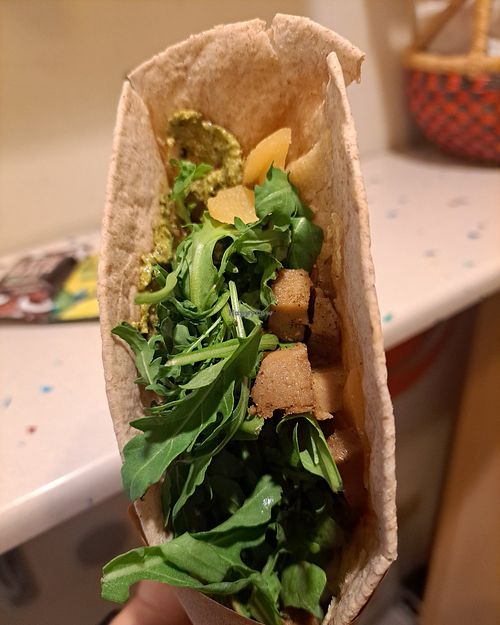 Wrap with seitan, veggies, hemp sauce, and vegan cheese. at Vegan Come Koala in Pisa