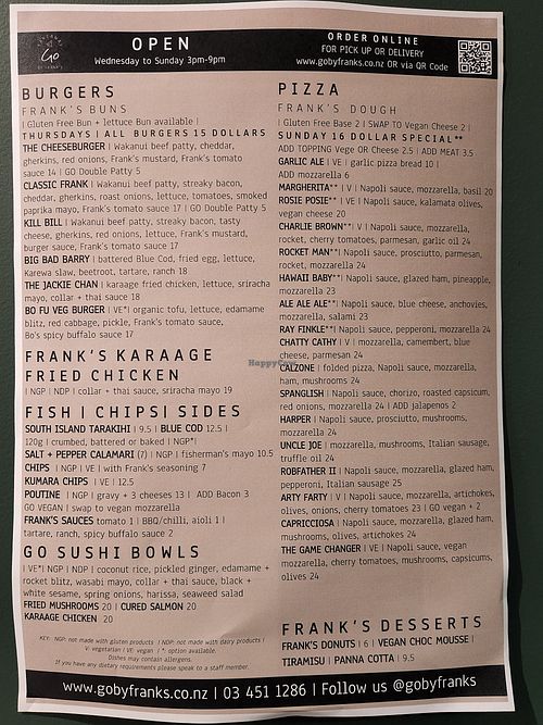 Menu as at 03.08.22 at Go by Frank's in Queenstown
