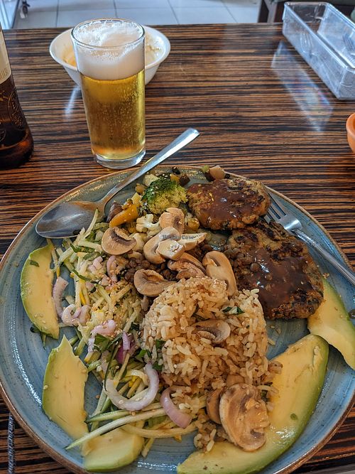 The meal came with lemonade and bean soup. La cerveza colombiana was an entra 6 mil pesos ($1.50 USD) at Delicias al Natural in Medellin