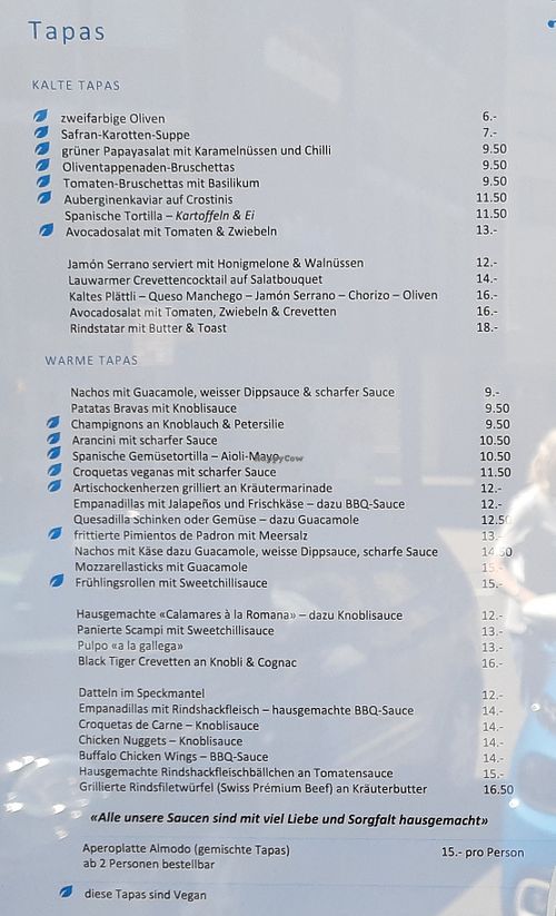 Tapas menu at Mythos in Baden