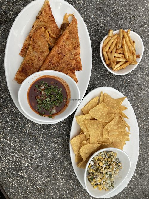 Birria quesadilla, elote dip and fries   at Native Foods in Costa Mesa