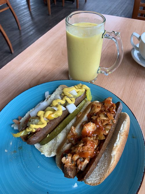 Mango smoothie with oat milk, city slicker hotdog, kimchi hotdog.   at Un Mundo Café in Springfield