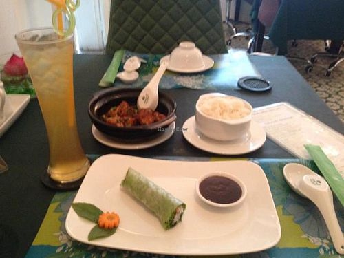 mushroom and tofu clay pot, spring roll and honey lemon tea at The Organic Vegetarian Restaurant in Ho Chi Minh City