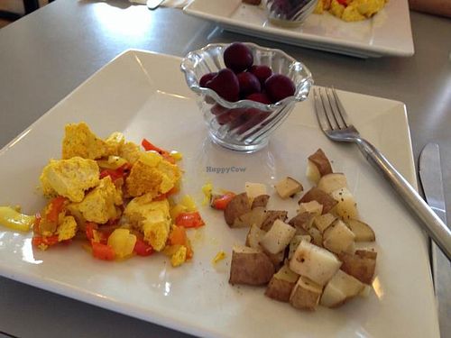 breakfast 07-11-2014: scrambled tofu, potatoes and fresh cherries! at Aside of Heart in Phoenix