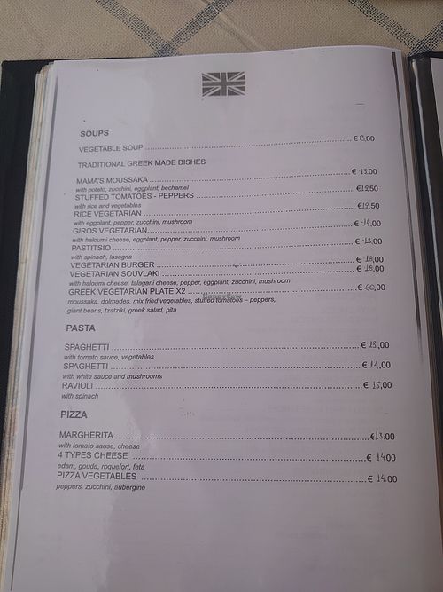 Menu at Mama Sofia in Rhodes