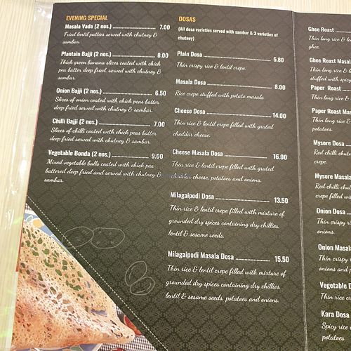 menu at Saravanaa Bhavan at Central i-City in Shah Alam