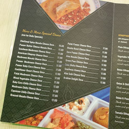 menu at Saravanaa Bhavan at Central i-City in Shah Alam