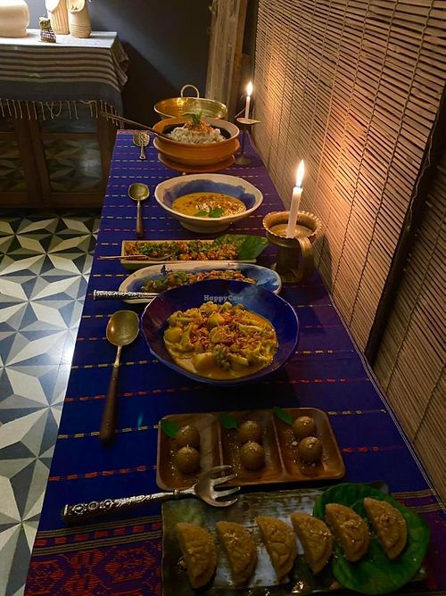 Vegan Bangladeshi food -Batatapuri 
-jeera polau 
-Tok begun 
-cauliflower korma
-semolina Halwa 
-sagoo kheer cooked in coconut creame 
  at Shanchayita in Dhaka