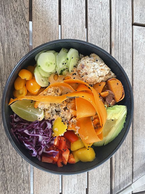 bovec bowl with quinoa, veggies, peanut sauce and amaazing shredded tofu  at Gostilna In Pizerija Letni Vrt in Bovec