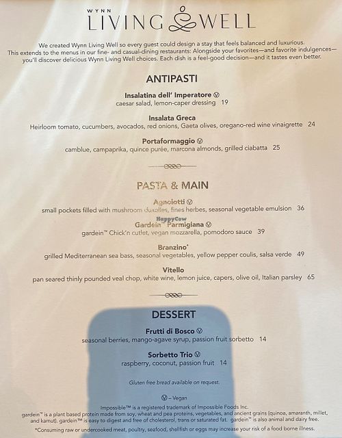 Living Well menu at Wynn Hotel - Sinatra in Las Vegas